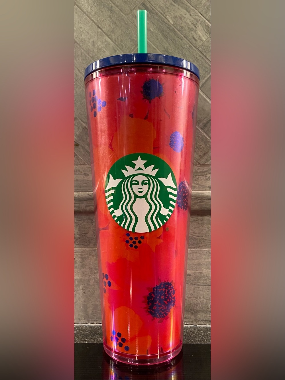 Starbucks Red Tumbler with Green and White Logo and Purple Accents